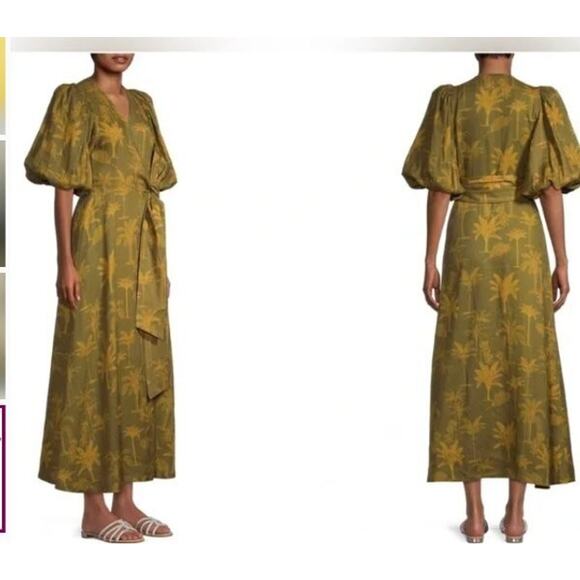 JUAN DE DIOS Sz M/L Ermita Wrap Around Midi Dress Green Palms Linen - Picture 15 of 16